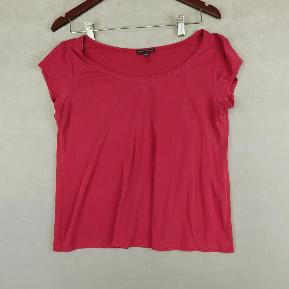 Eileen Fisher T Shirt 100% Silk Jersey Short Sleeve Scoop Neck Tee Red Classic
